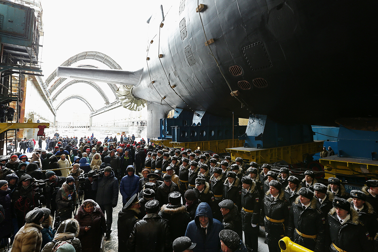 Launching the Kazan, a Project 885M Yasen-class nuclear-powered multipurpose attack submarine, at the Sevmash shipyard, March 31, 2017.