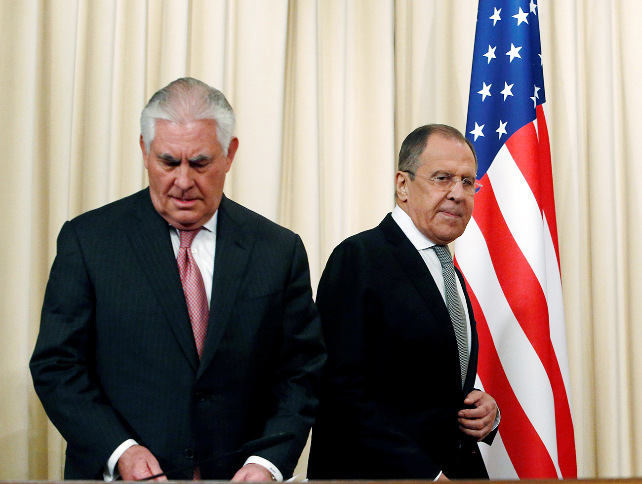 Russian Foreign Minister Sergei Lavrov and U.S. Secretary of State Rex Tillerson arrive for a news conference following their talks in Moscow, Russia, April 12, 2017