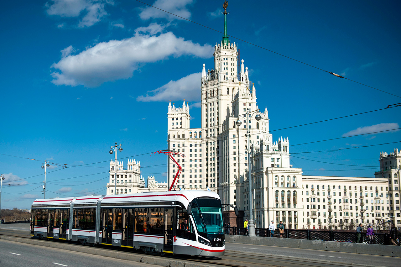 New tram, Vityaz-M, rides on Bolshoi Ustinsky Bridge in Moscow. 04/15/2017
