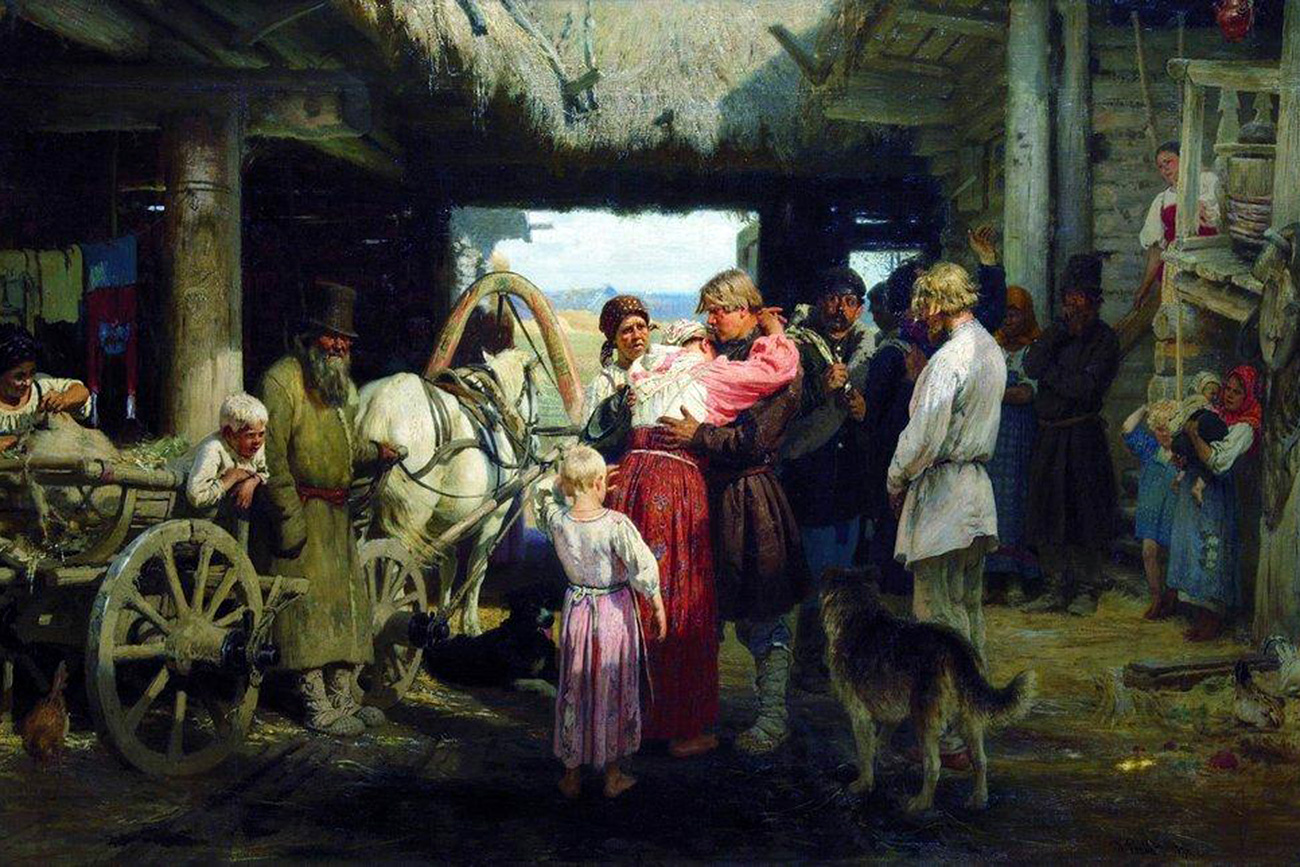 Проводы новобранца (рекрут); Художник И. Репин (1879).