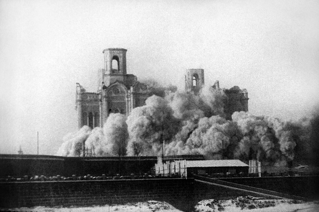 The Russian Orthodox Church was safe from a Bolshevik onslaught in Korea. Pictured above is the destruction of the Cathedral of Christ the Savior in Moscow in 1931.