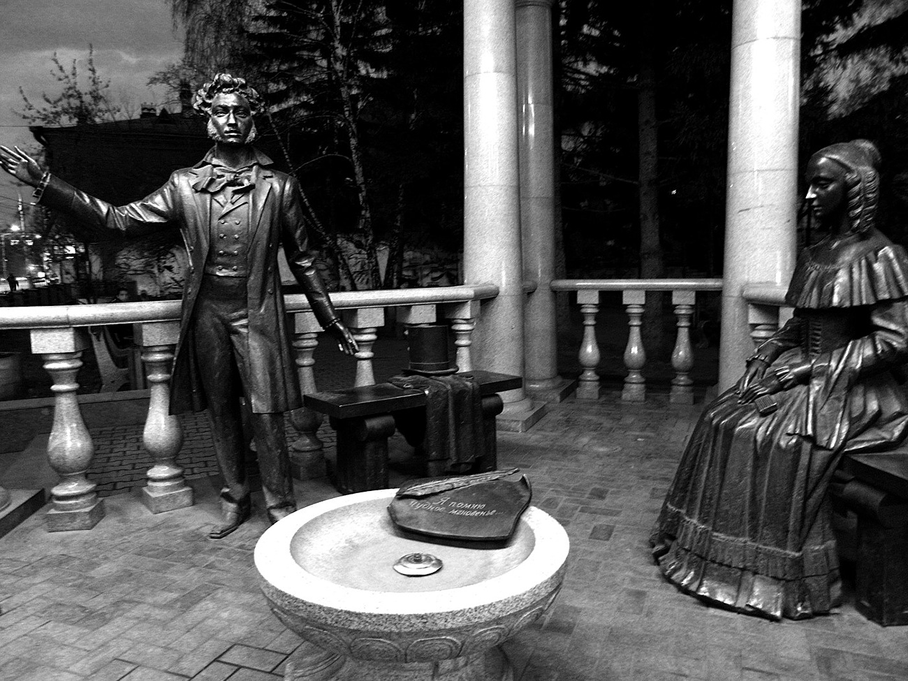 A monument featuring Alexander Pushkin and his wife Natalia Goncharova in Krasnoyarsk says: “I still recall the wondrous moment…” The poem continues:  “When you appeared before my sight/ As though a brief omen, /Pure phantom in enchanting light.” In truth, it was not to his wife (left) that Pushkin dedicated these verses.