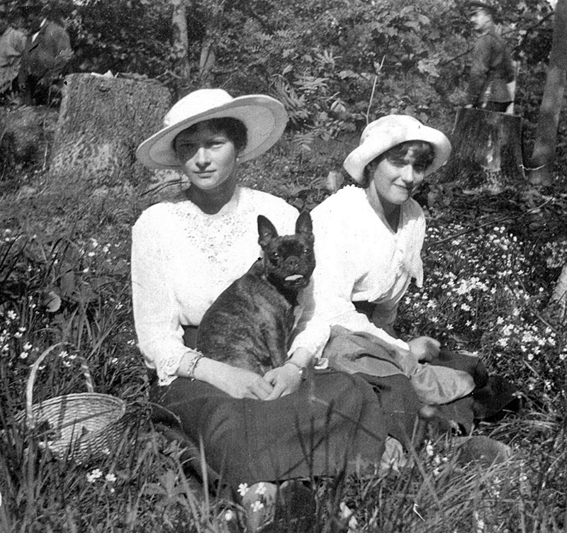 Les princesses Tatiana et Anastasia se reposent dans le jardin du palais d’Alexandre. Tatiana tient Ortino, son bulldog français préféré. Après l’assassinat de la famille Romanov, Ortino sera tué par Grigori Nikouline et Alexeï Kabanov.