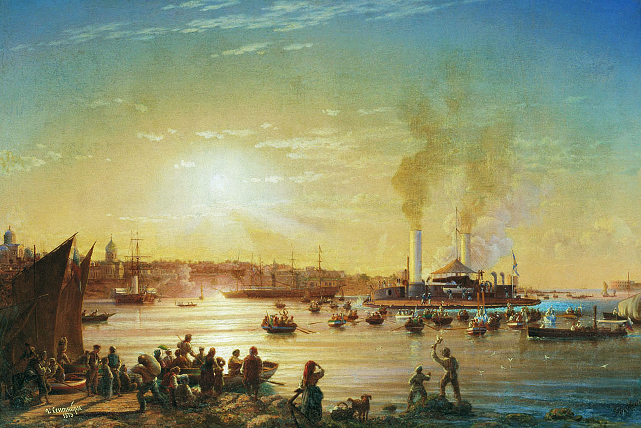 "Пристигане на "поповка" "Новгород" в Севастопол" (Худ. Н. П. Красовски, 1873 г.).