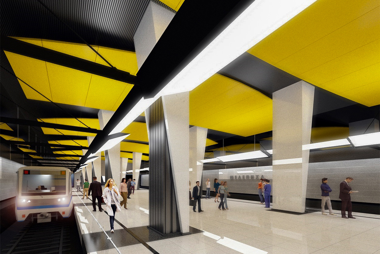 Decorata con marmo bianco e giallo, la stazione Shelepina prevede di accogliere 13.000 passeggeri all’ora e farà parte della nuova linea che collega le stazioni di Dinamo e Delovoj Tsentr