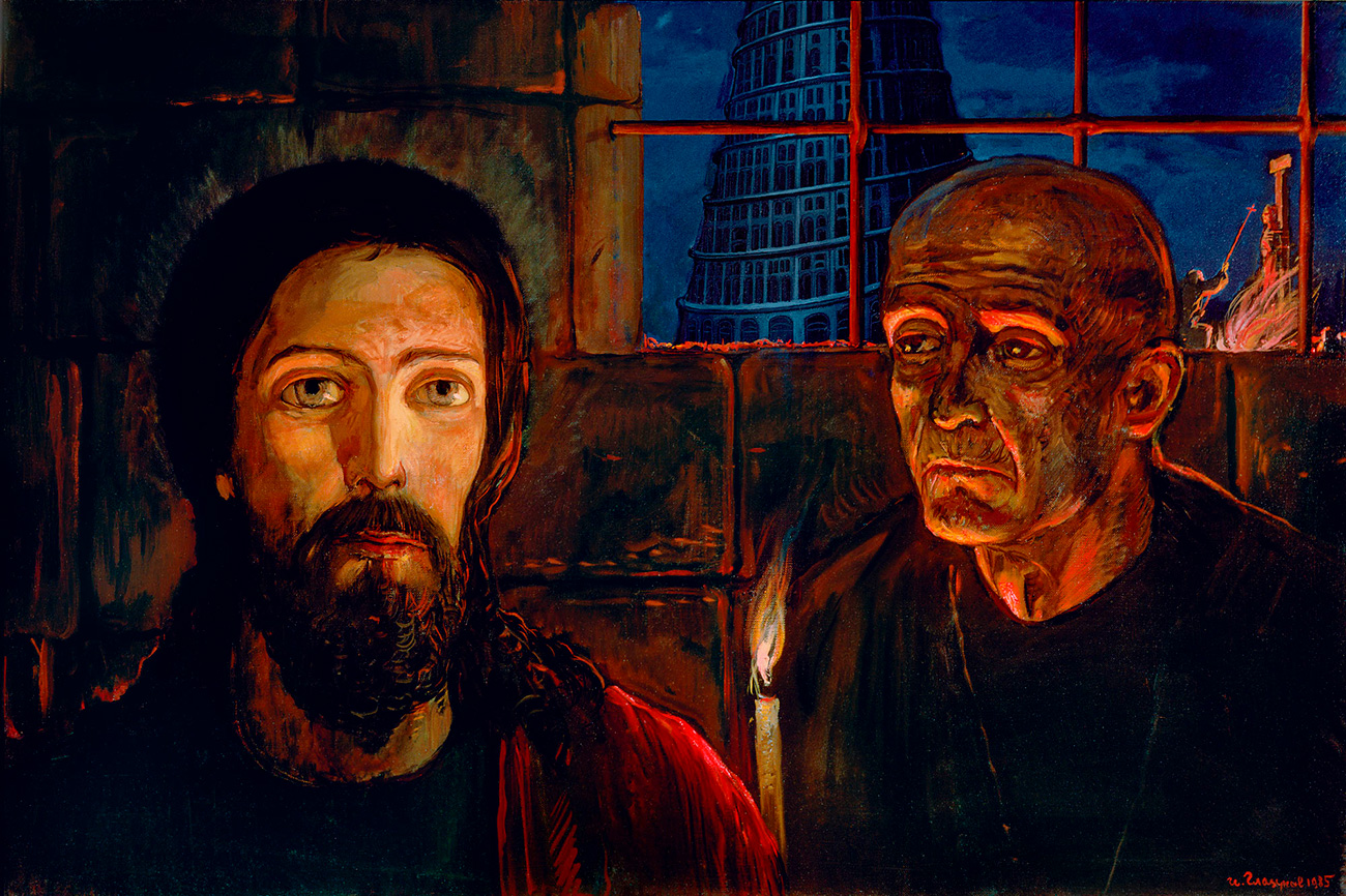 Поред монументалних слика, Глазунов је такође био веома познат у илустрацијама дела Фјодора М. Достојевског. То представља један од врхунаца његове уметности, јер је он био једини сликар који је направио илустрације за свако дело Достојевског. (Слика: Велики инквизитор, 1985. година)