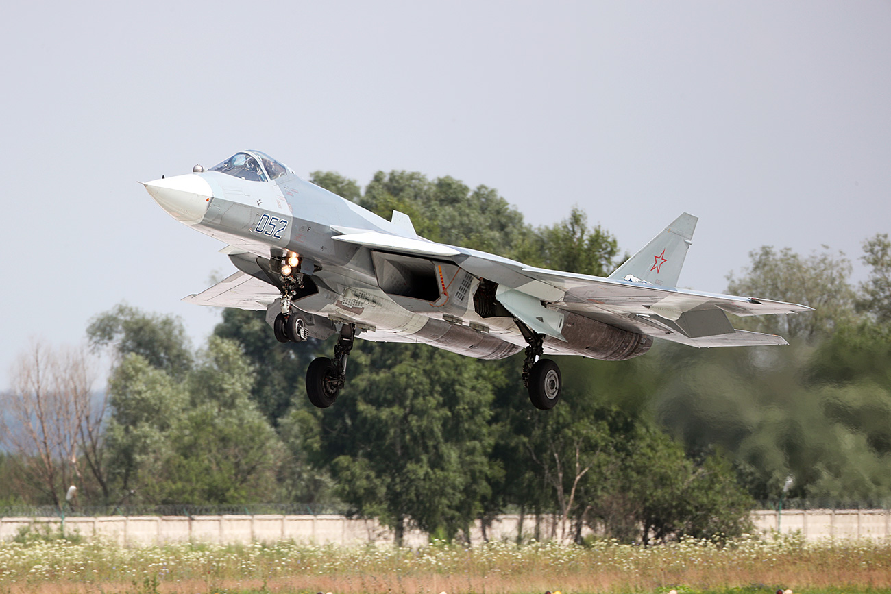 MOSCOW REGION, RUSSIA - JULY 15, 2017: A Sukhoi T-50 PAK FA fighter jet performs a demonstration flight ahead of the MAKS-2017 International Aviation and Space Salon in Zhukovsky, Moscow Region. 