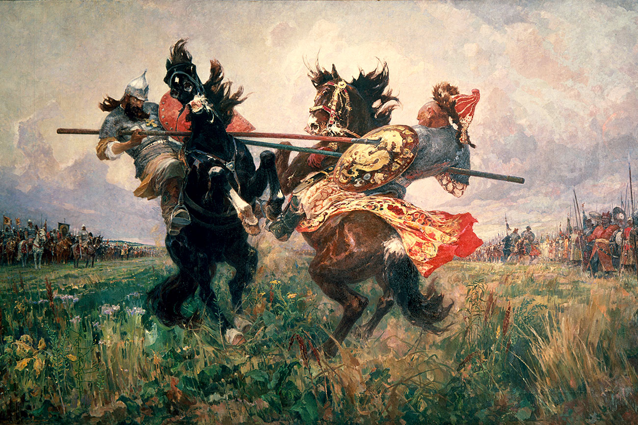 “O duelo de Peresvet com Tchelubei no campo Kulikovo”, Mikhail Avilov 1943.