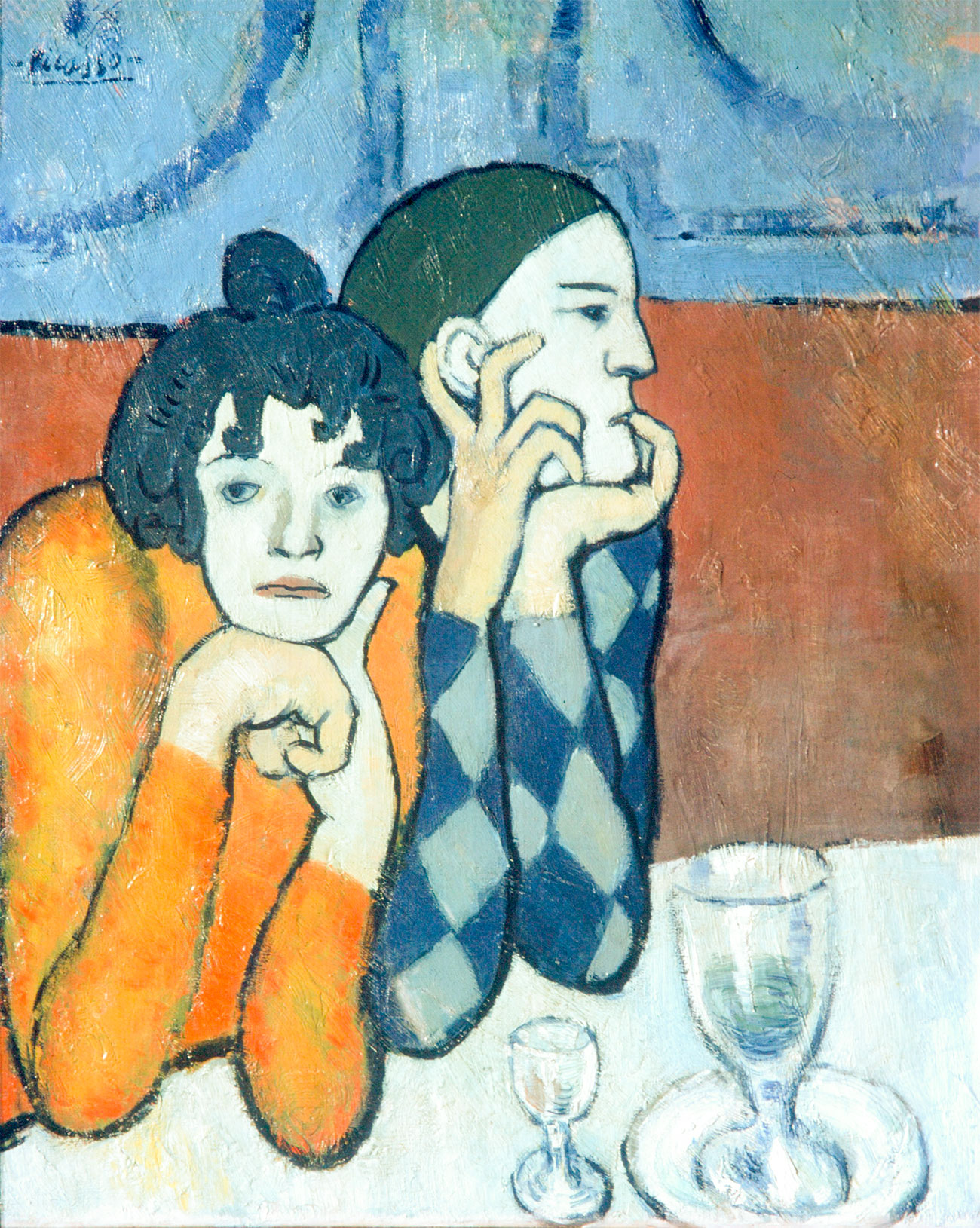 Au cours de la décennie qui suivit, sa collection s’agrandit pour compter plus de 250 œuvres d’art françaises, dont des Renoir, Van Gogh, Picasso, Gauguin, etc. / Arlequin et sa compagne (1901) par Pablo Picasso