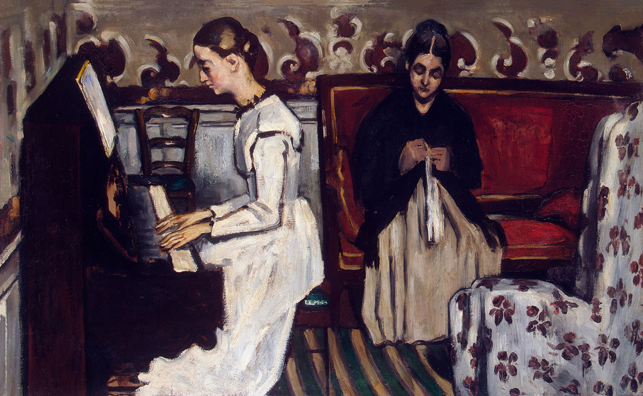 Après la révolution, la galerie fut nationalisée en 1918. Ivan y travailla comme conservateur adjoint de sa propre collection et la présenta au public. Au printemps 1919, il quitta la Russie avec sa femme et sa fille pour s’installer à Paris. / La mère de l'artiste cousant, sa sœur jouant l'ouverture de Tannhauser de Wagner (1868) par Paul Cézanne
