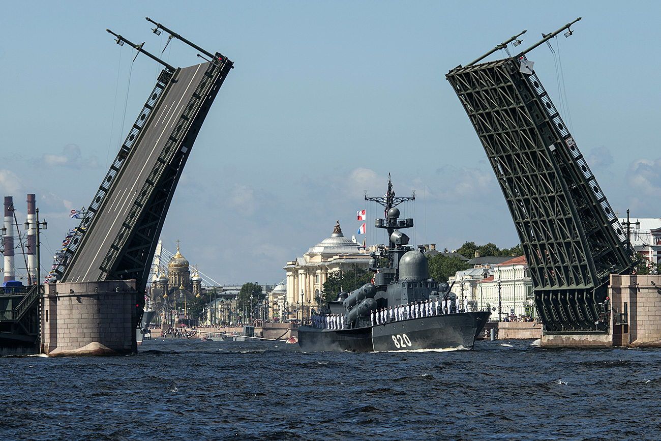 Chuvashia missile boat during the rehearsal of the parade marking Russian Navy Day in St. Petersburg.