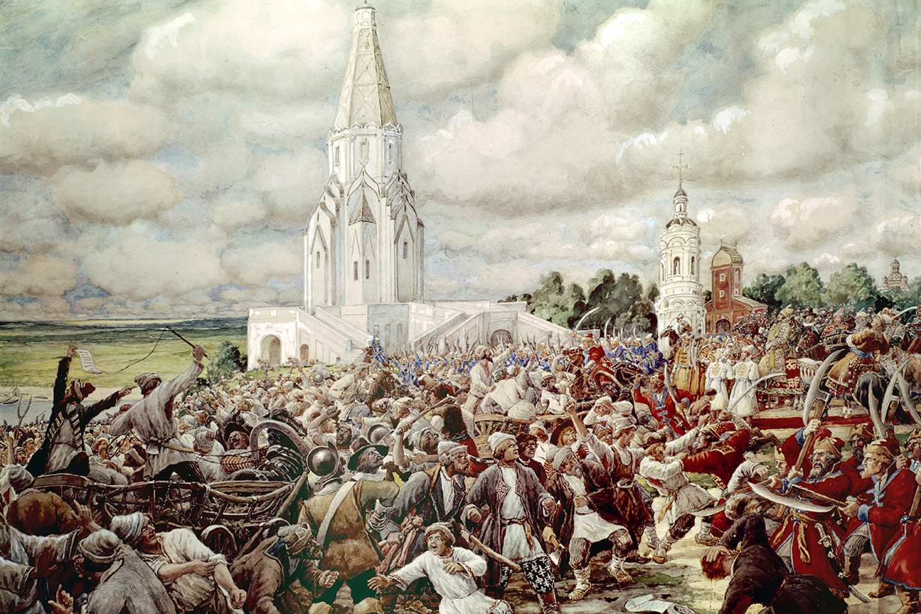 Sob ordem do tsar, as forças militares atacaram a multidão, muito menos armada. // Pintura "Revolta do Cobre 1662" de Ernst Lissner, Museu Estatal de Kolomenskoie, Moscou.