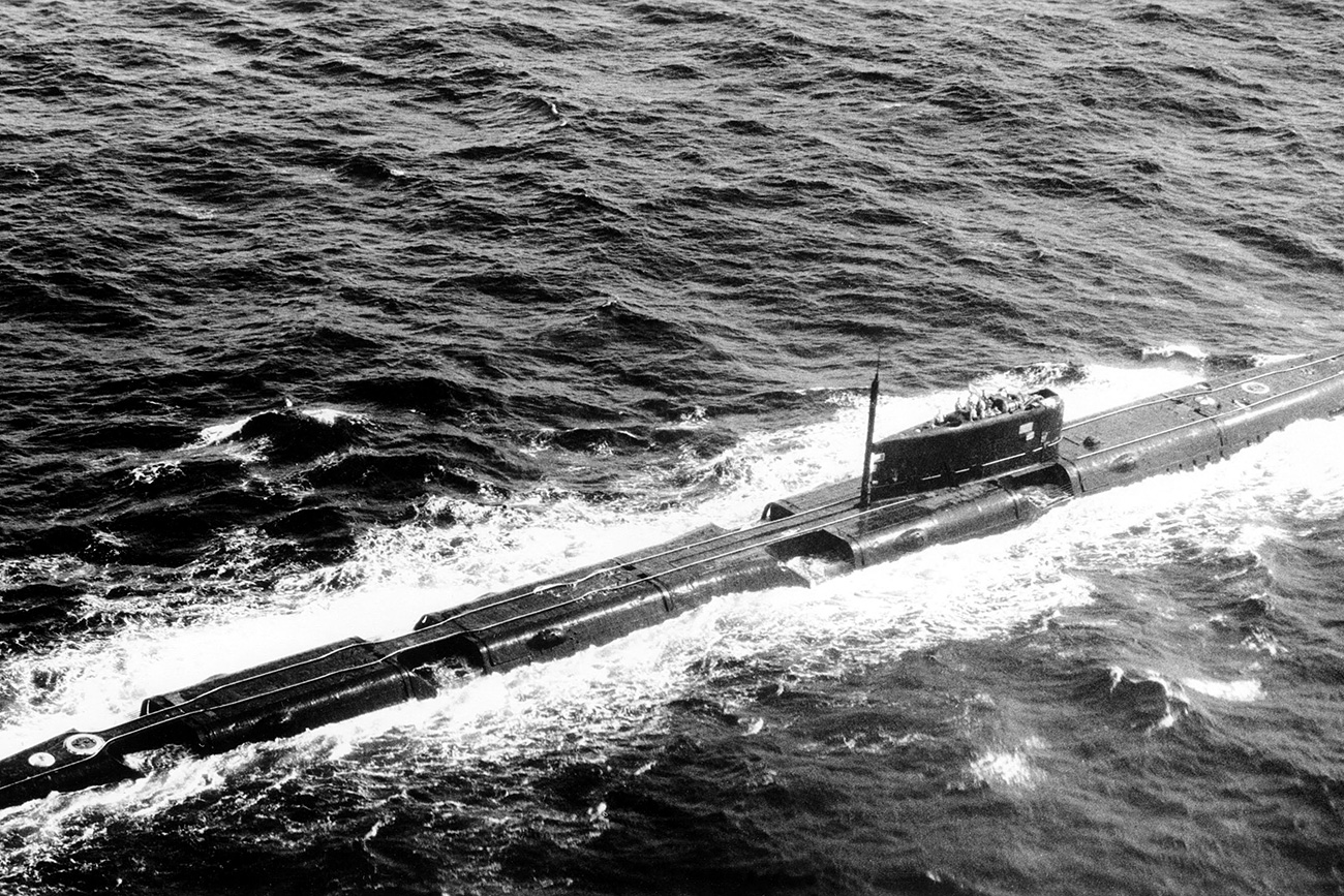 A starboard view of a Soviet Echo II class guided missile submarine underway on the surface.