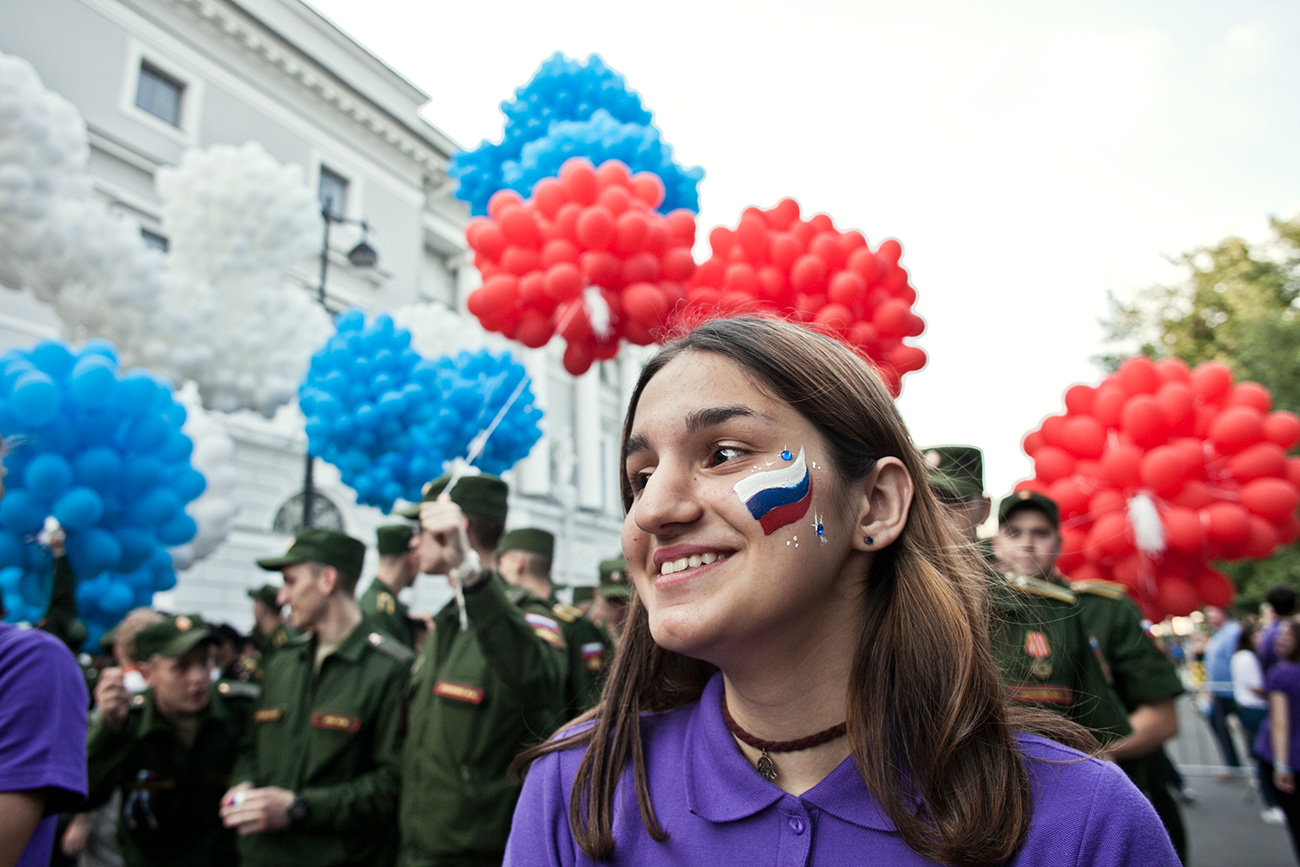 A Russian national flag made by balloons in St. Petersburg.