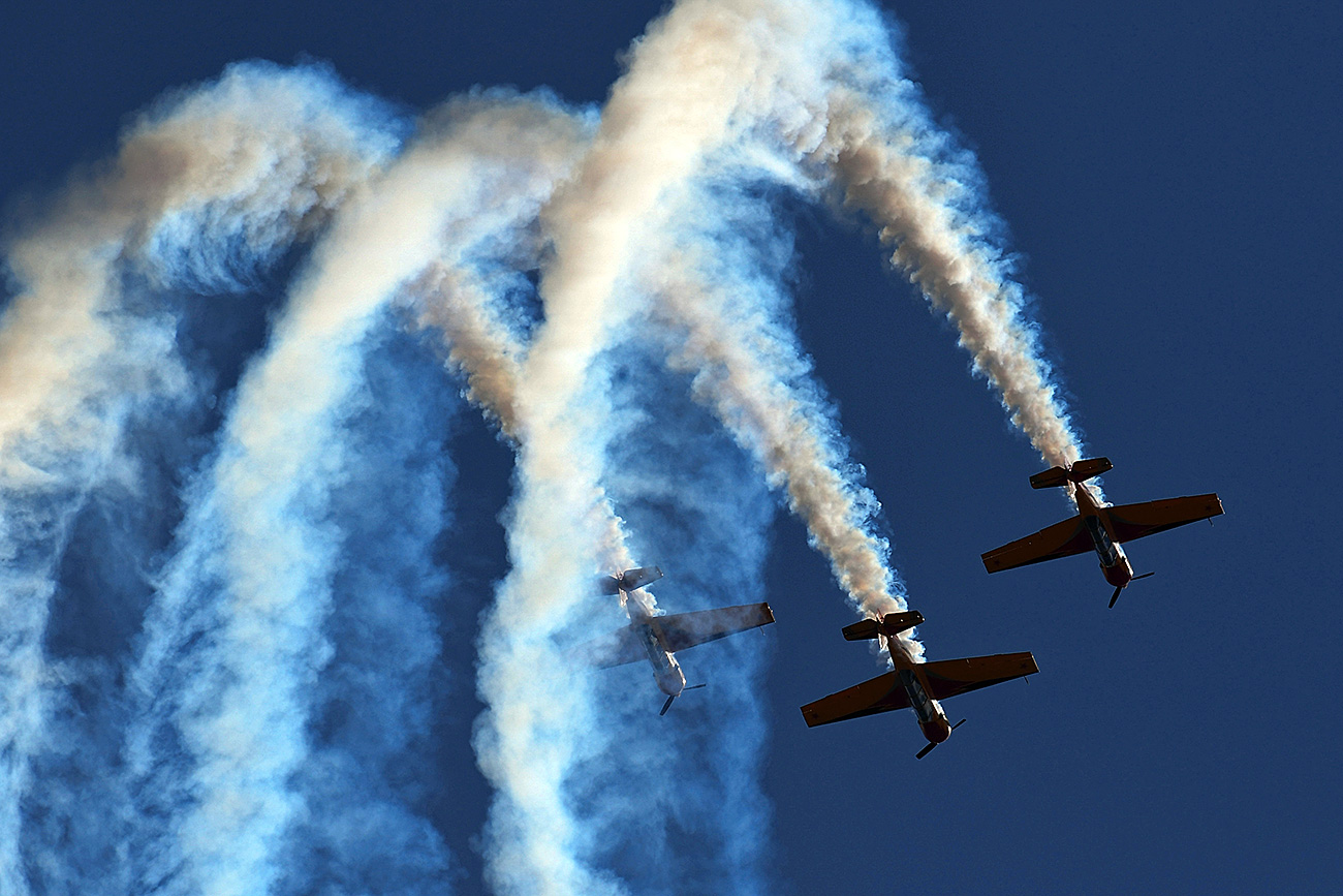 The First Flight aerobatic team performs at the International Aviation and Space Salon MAKS-2017 in Zhukovsky.