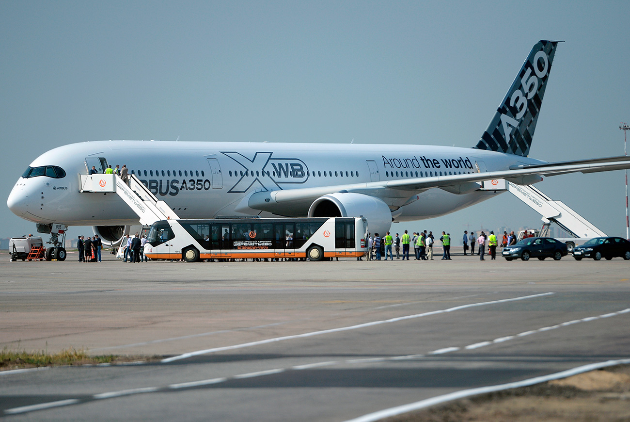 The long-range passenger plane, Airbus A350 XWB, that has landed at the Sheremetyevo airport while being on its around the world testing tour.