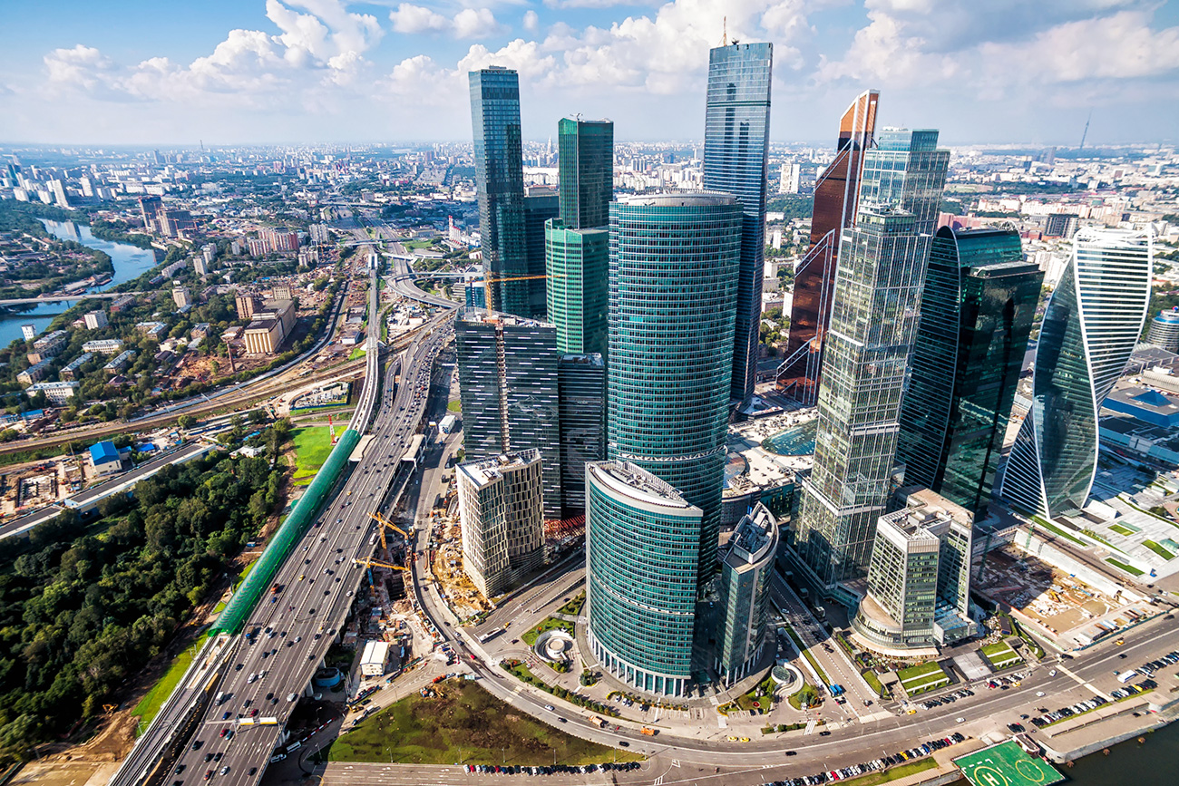 Aerial view of Moscow-City (Moscow International Business Center) over Moskva River. Moscow-City is a modern commercial district in central Moscow.