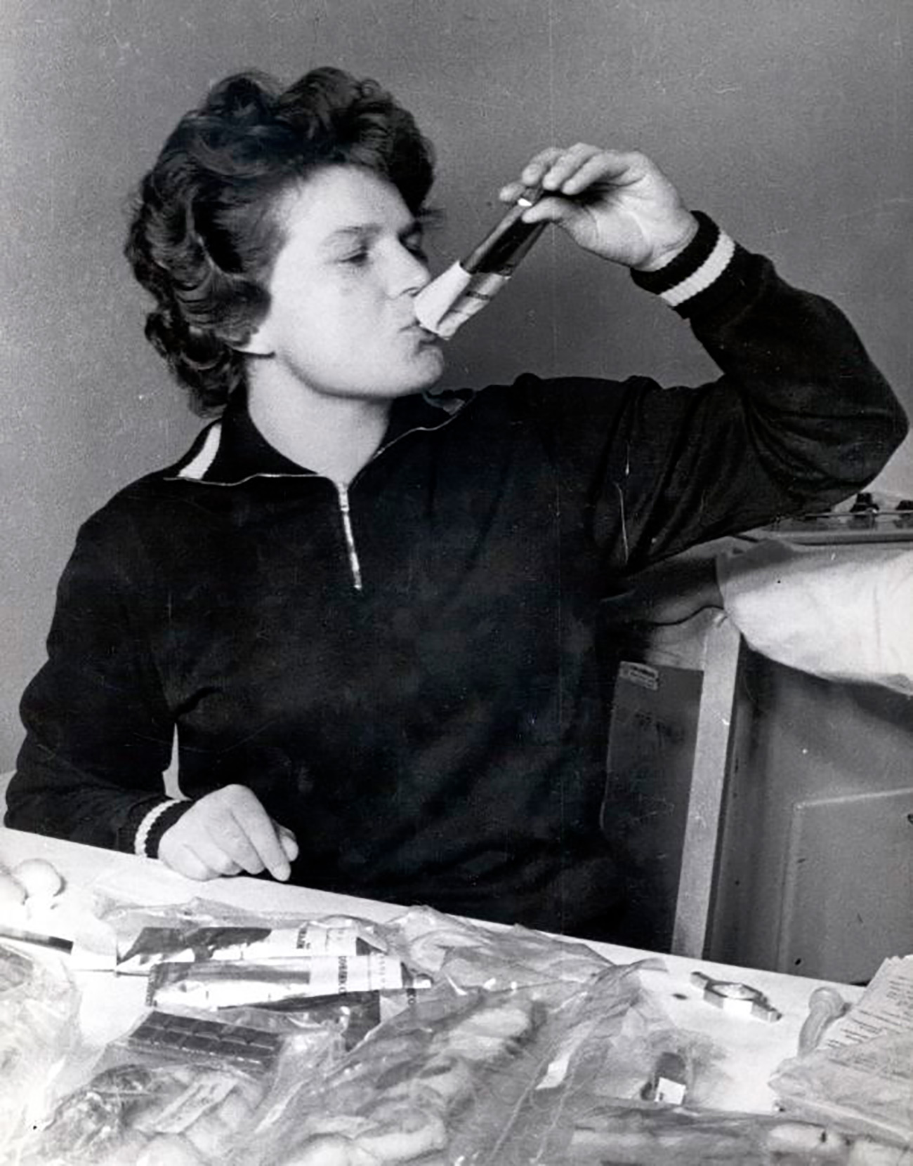 Valentina Tereshkova tries space food ahead of blast-off. Tereshkova became the first woman in space. Her space flight on June 16, 1963, lasted nearly three days - 70 hours and 50 minutes, during which time she orbited the globe 48 times. 1963.