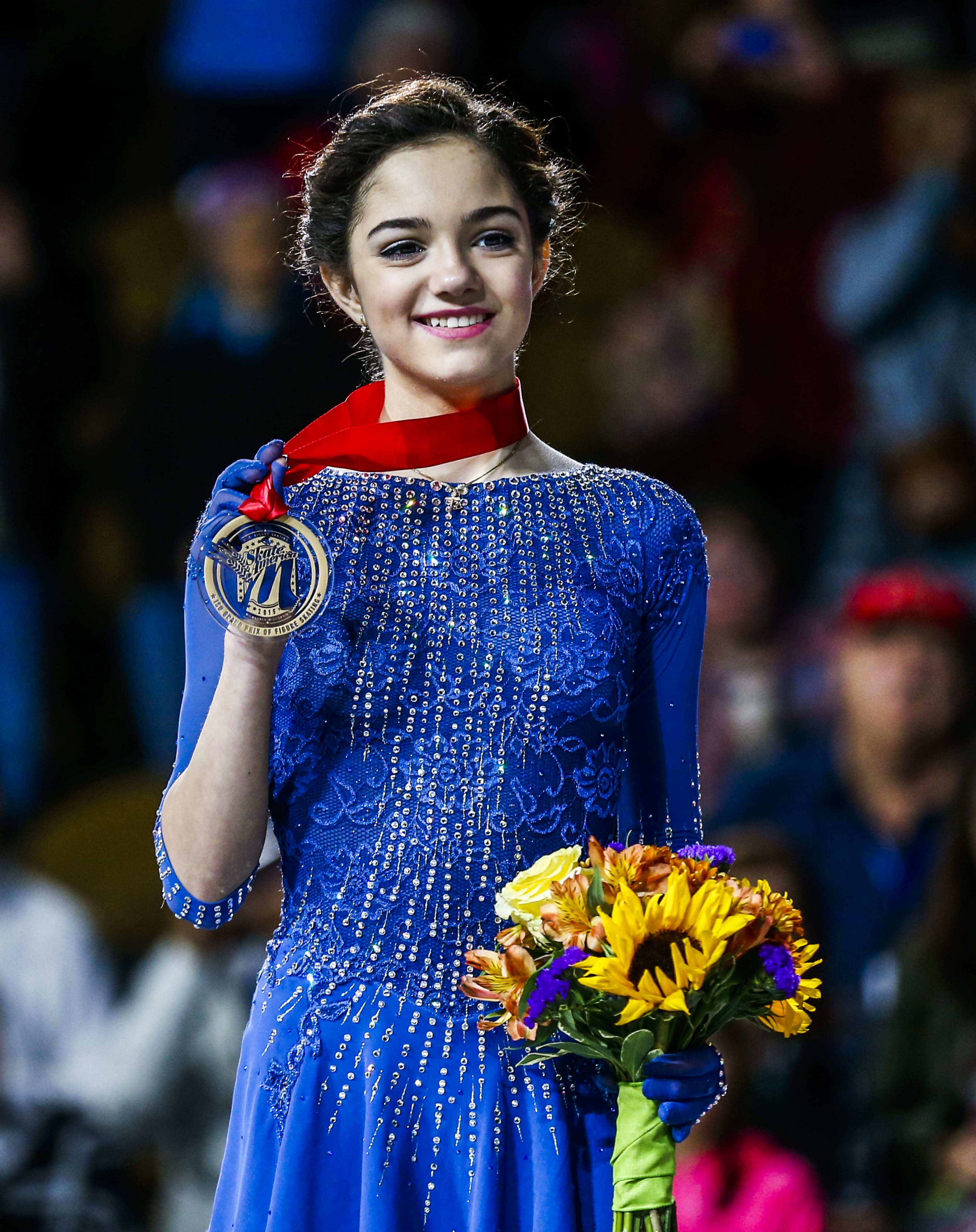 Evgenia Medvedeva of Russia poses with her gold medal in the ladiesfree skating program during the Ladies medal ceremony at the 2015 ISUProgressive Skate America Grand Prix at the UMW Panther Arena inMilwaukee, Wisconsin, USA.