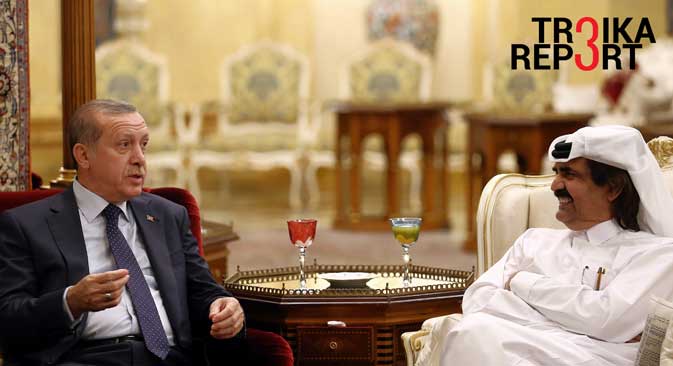 Turkey's President Recep Tayyip Erdogan, left, speaks to Qatar's Emir Tamim bin Hamad Al Thani in Doha, Qatar, Dec. 1, 2015. 