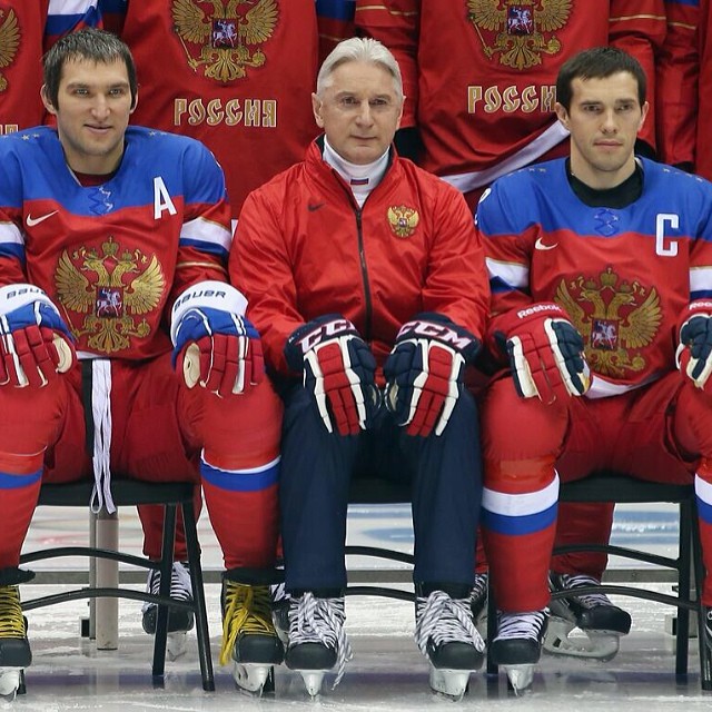 Part of the Russian hockey team&rsquo;s group photo: Alexander Ovechkin, coach Zinetula Bilyaletdinov, and team capitan Pavel Datsyuk. If you can&rsquo;t pronounce the last name of the Russian coach and former hockey player, Zinetula Bilyletdnov, check out our guide to Russian hockey and you&rsquo;ll have all the resources you need.