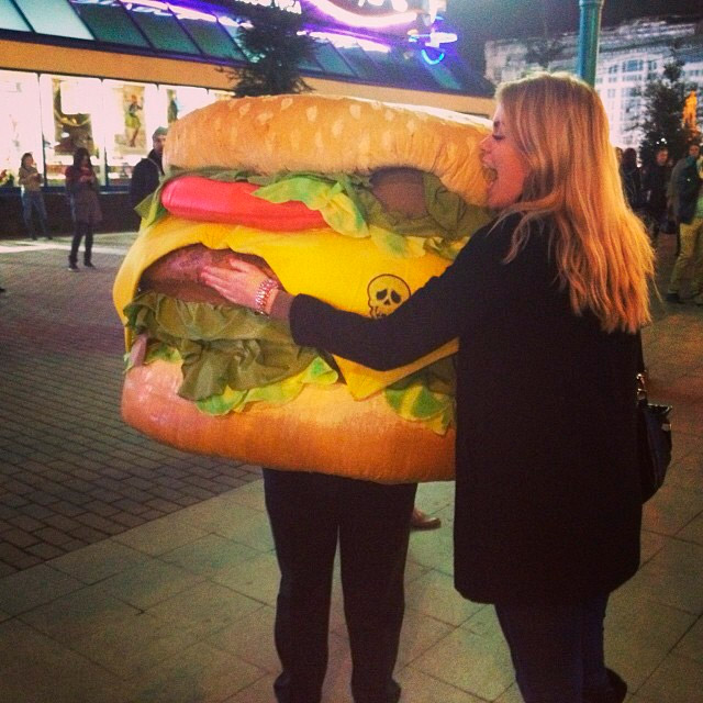 Friday.&nbsp;Despite the growth in Russians&#039; interest in healthy street food, their love of fast food can&#039;t be beat. This human hamburger was tagged in many Moscow Instagram accounts.