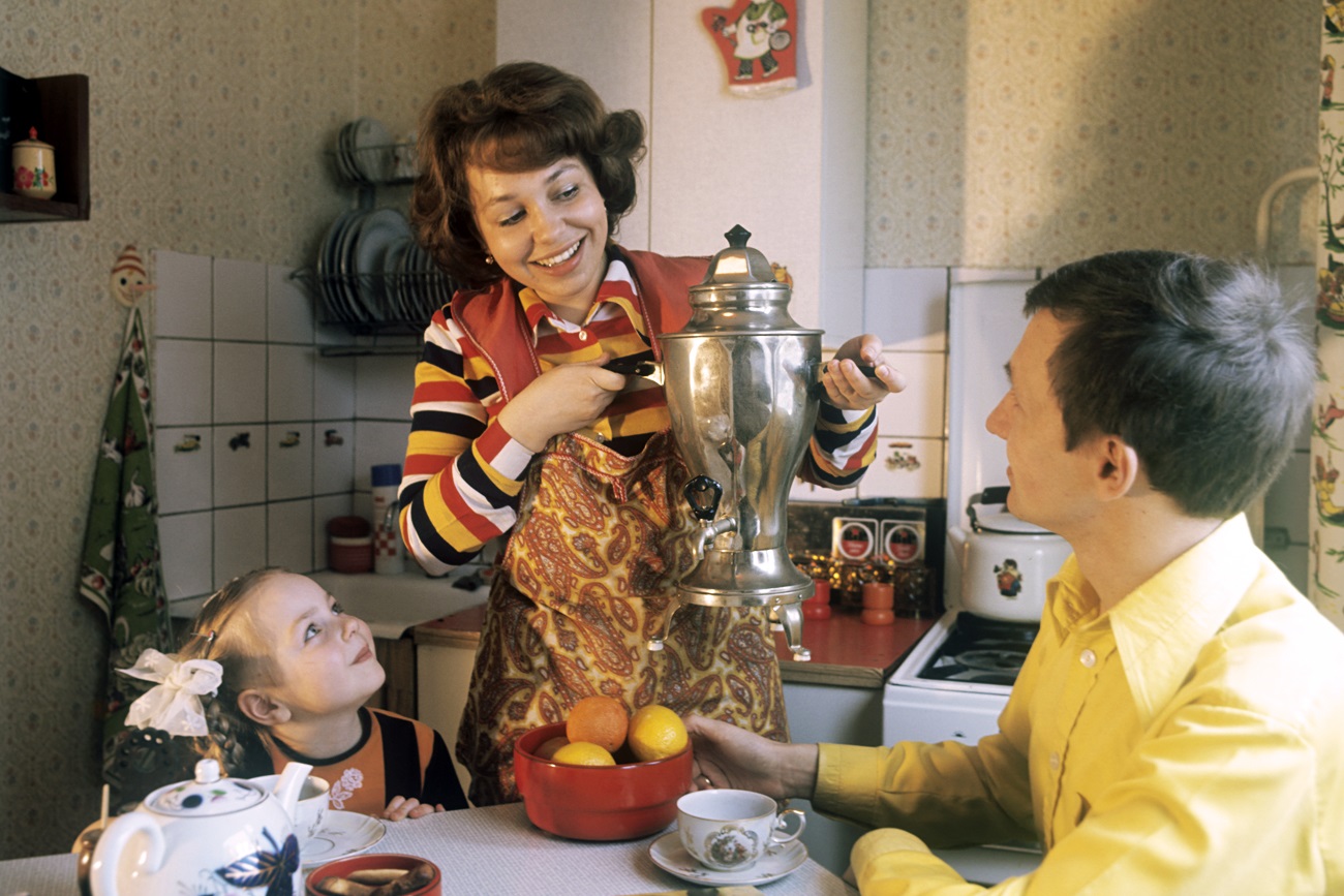 Soviet kitchen gadgets. (Vladimir Drozdov, service engineer at the 1st Moscow cotton-printing mill, at home with his wife Marina and daughter Anya.) 