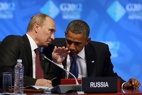 US-Präsident Barack Obama und Russlands Präsident Wladimir Putin kurz vor der Eröffnung des G-20 Gipfels in Los Cabos. Foto: AP.