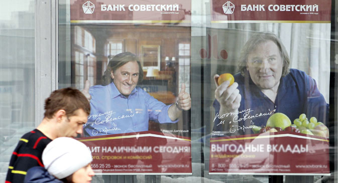 Der französische Schauspieler Gérard Depardieu trat 2012 im russischen Fernsehen in einem Werbespot für die „Sowjetische Bank“ auf. Foto: Alexej Danitschew / RIA Novosti