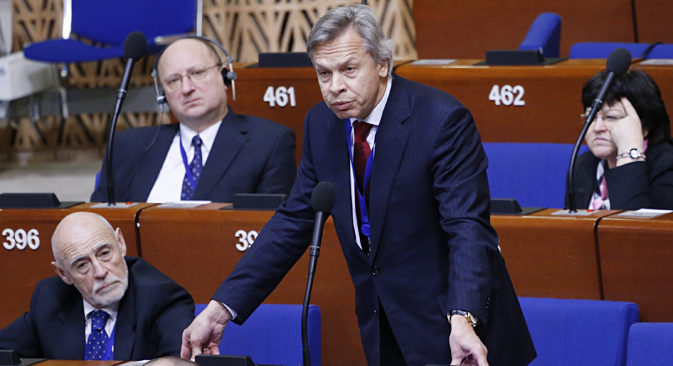 Leiter der russischen Delegation bei der Parlamentarischen Versammlung des Europarates Alexej Puschkow. Foto: Michail Dschaparidse/TASS