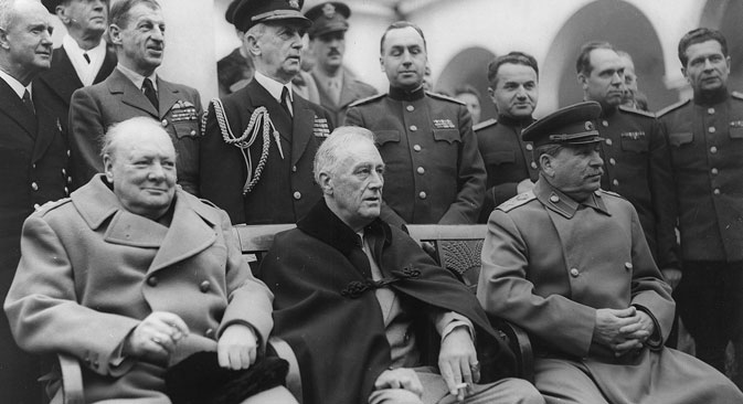 Yalta Conference in February 1945 with (from left to right) Winston Churchill, Franklin D. Roosevelt and Joseph Stalin. Source: U. S. Signal Corps/Library of Congress , Franklin D. Roosevelt Library & Museum
