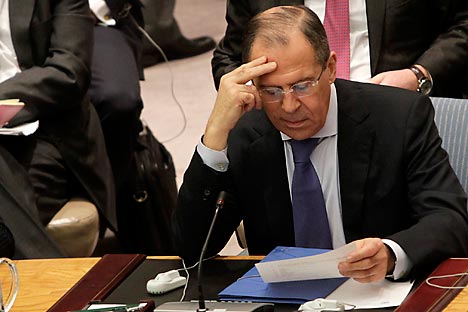 Russian Foreign Minister Sergei Lavrov attends a Security Council meeting regarding the situation in the Middle East at United Nations Headquarters, Monday, March 12, 2012. Source: AP