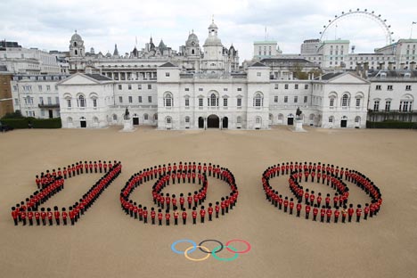 Celebrations took place across the UK to mark 100 days to go to the London 2012 Olympic Games – including at Horse Guards Parade in central London. Source: Reuters/Vostok-Photo