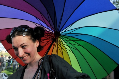 One of the gay rights activists takes part in their rally in Saint-Petersburg on May 17, 2012. Source: AFP / East News 