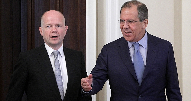 Peace mission: William Hague and Sergei  Lavrov in Moscow, where they held a press conference. Source: AP