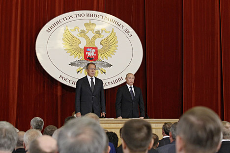 Russian President Vladimir Putin (right) and Russian Foreign Minister Sergei Lavrov (left) during the closed-door meeting in the Foreign Ministry. Source: ITAR-TASS 