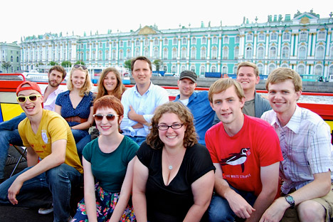 Russian history professor, Anton Fedyashin with his students on the boat tour in St. Petersburg, during “Dostoyevsky’s Russia” trip in July. Source: Anita Kondoyanidi.