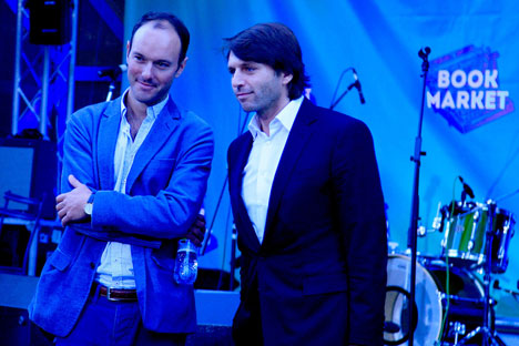 Alex Preston, left, with journalist Nikolai Uskov at the Book Market festival. Source: From personal archive of Alex Preston.