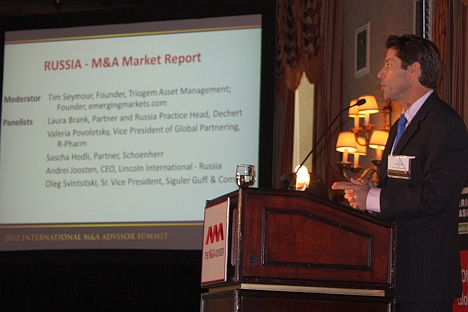 Tim Seymour, founder and managing partner of Triogem Asset Management and founder of EmergingMoney.com, taking the floor at the first International M&A Advisor Summit in New York. Source: Press Photo