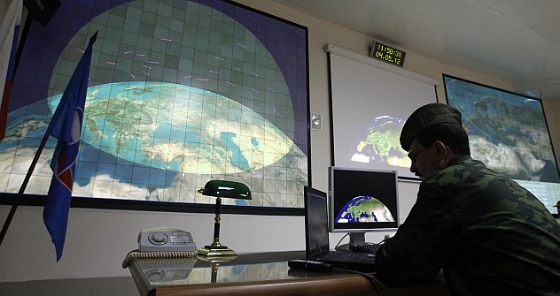 A Russian military officer is on duty in the main control center of a radar station at the missile defense facility in Sofrino, 50 km (31 miles) northeast of Moscow. Source: AP