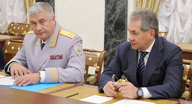 Minister of Internal Affairs Vladimir Kolokoltsev and new defense minister Sergei Shoigu, right. Source: ITAR-TASS.