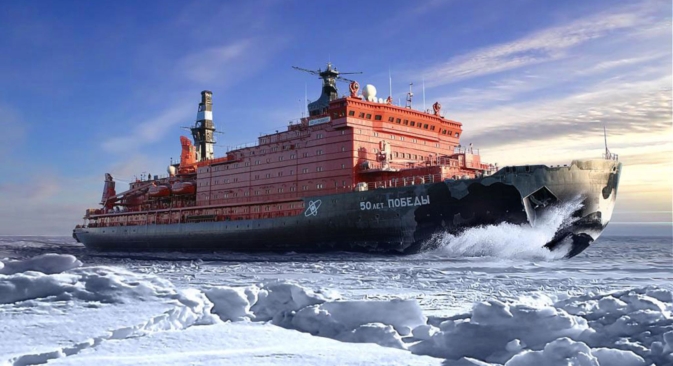 The Russian Arktika class nuclear powered icebreaker “50 Years of Victory” sails through the Arctic Ocean. Source: Press Photo 