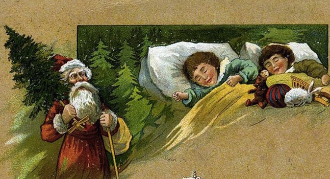 Russian vintage New Year's postcard made in the early 20th century. It reads "Merry Christmas!"  Currently, Russia dates Christmas as Jan. 7, in common with the rest of the Eastern Orthodox Church. Source: Public domain. 