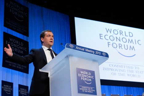 Prime Minister Dmitry Medvedev speaks at the 2013 World Economic Forum in Davos. Source: RIA Novosti / Dmitry Astakhov