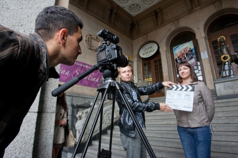 During the production of short documentaries in St. Pteresburg for the International Film Festival. The name of the film is "The Message to a Human." Source: ITAR-TASS
