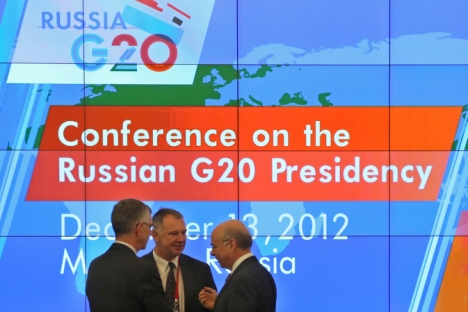 Participants of a press briefing within the framework of the Conference on the Russian Presidency in G20 "Fostering Economic Growth and Sustainability" held on December, 13, 2012. Source: RIA Novosti / Ekaterina Chesnokova