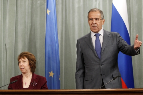 Russian Foreign Minister Sergei Lavrov met with EU representative Catherine Ashton on Feb. 19 to discuss visa issues. Source: Reuters