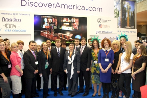 With the exhibitors at the VisitUSA Russia booth during the Moscow International Travel & Tourism Expo (MITT) 2013. Source: Courtesy of U.S. Embassy in Moscow