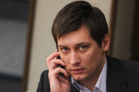 After Russian opposition politician Dmitry Gudkov visited the U.S. in early March and spoke at a forum organized by Freedom House, he faced harsh criticism from the Russian parliament. Source: RIA Novosti / Vladimir Fedorenko 