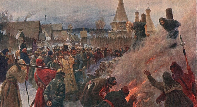 The Burning of Avvakum (1897) by Grigoiy Myasoyedov. Avvakum Petrov was a Russian protopope of Kazan Cathedral on Red Square who led the opposition to Patriarch Nikon's reforms of the Russian Orthodox Church. Source: Public domain